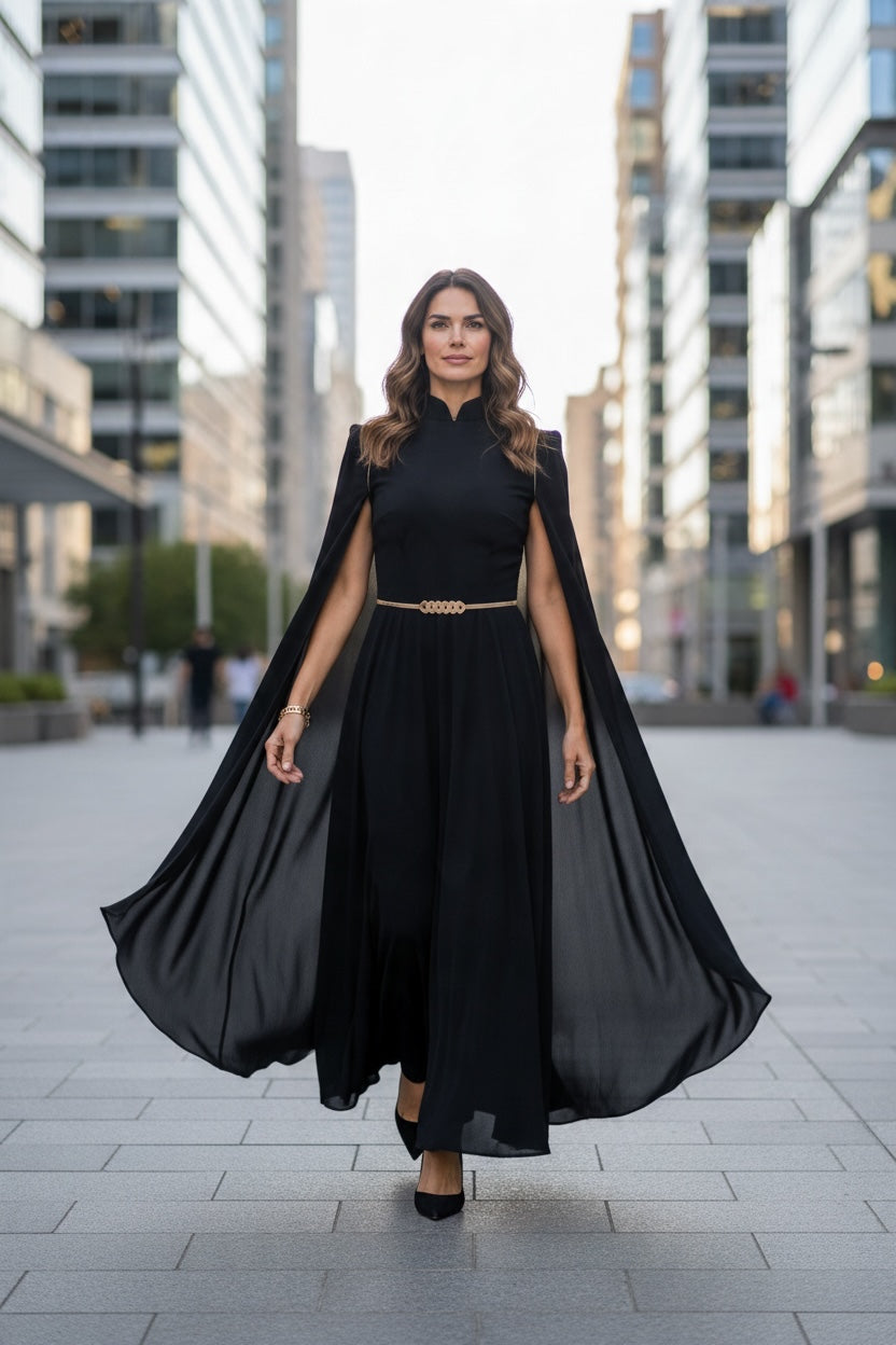 Handmade Black Cape-Sleeve Maxi Dress shown on a model