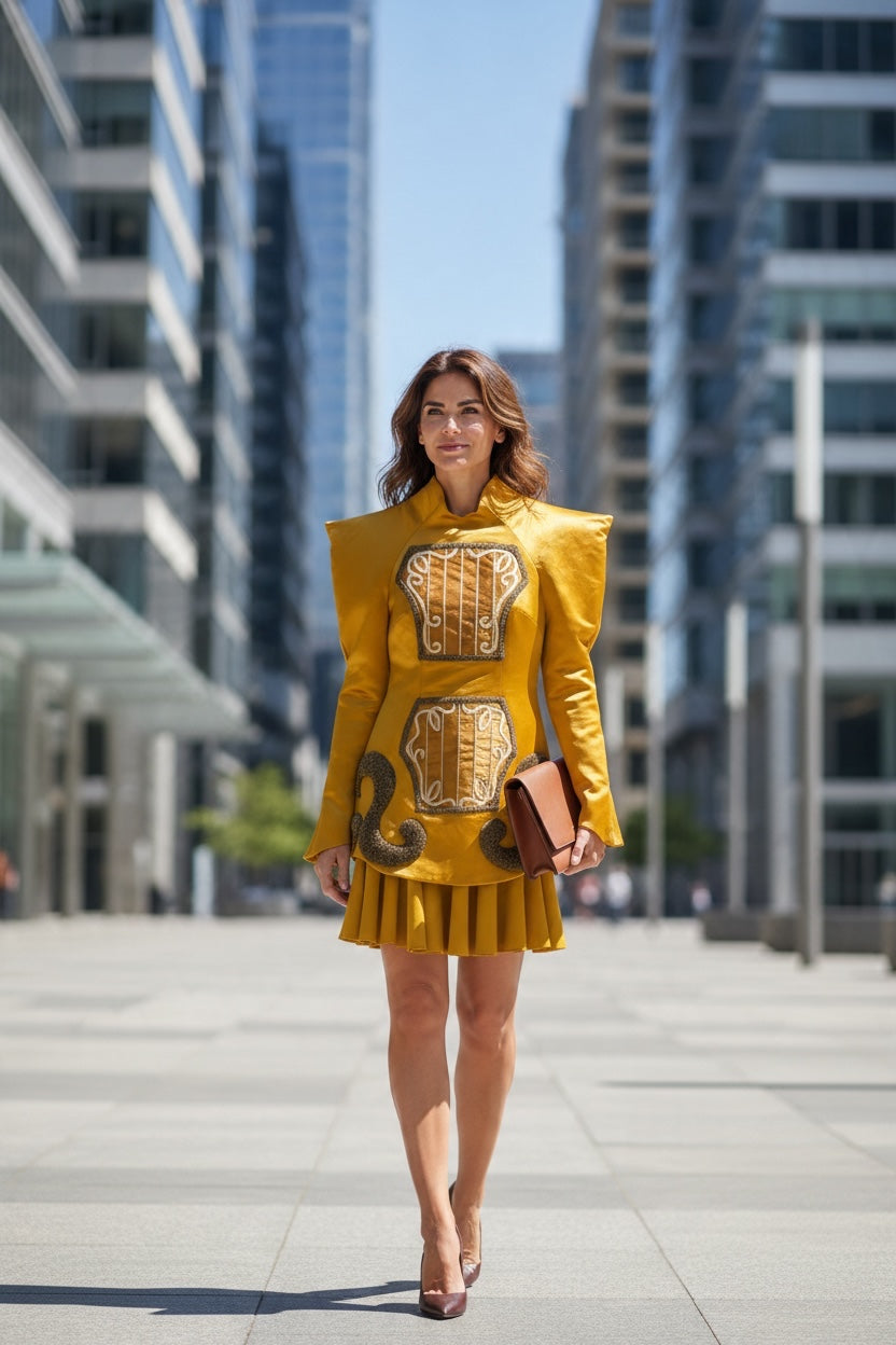 Handmade Golden Yellow Statement Dress shown on a model