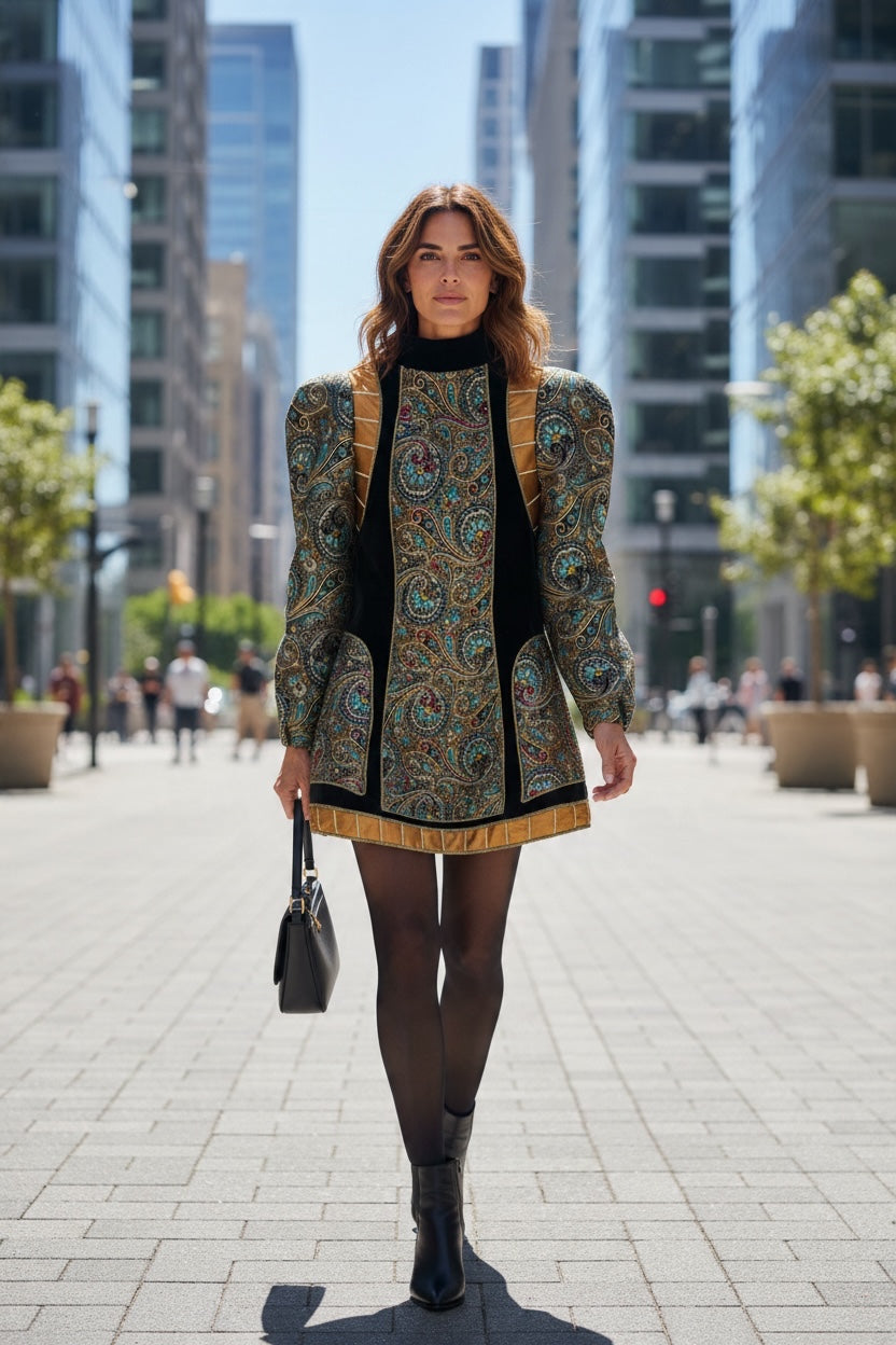 Handmade Teal Paisley Mini Dress shown on a model