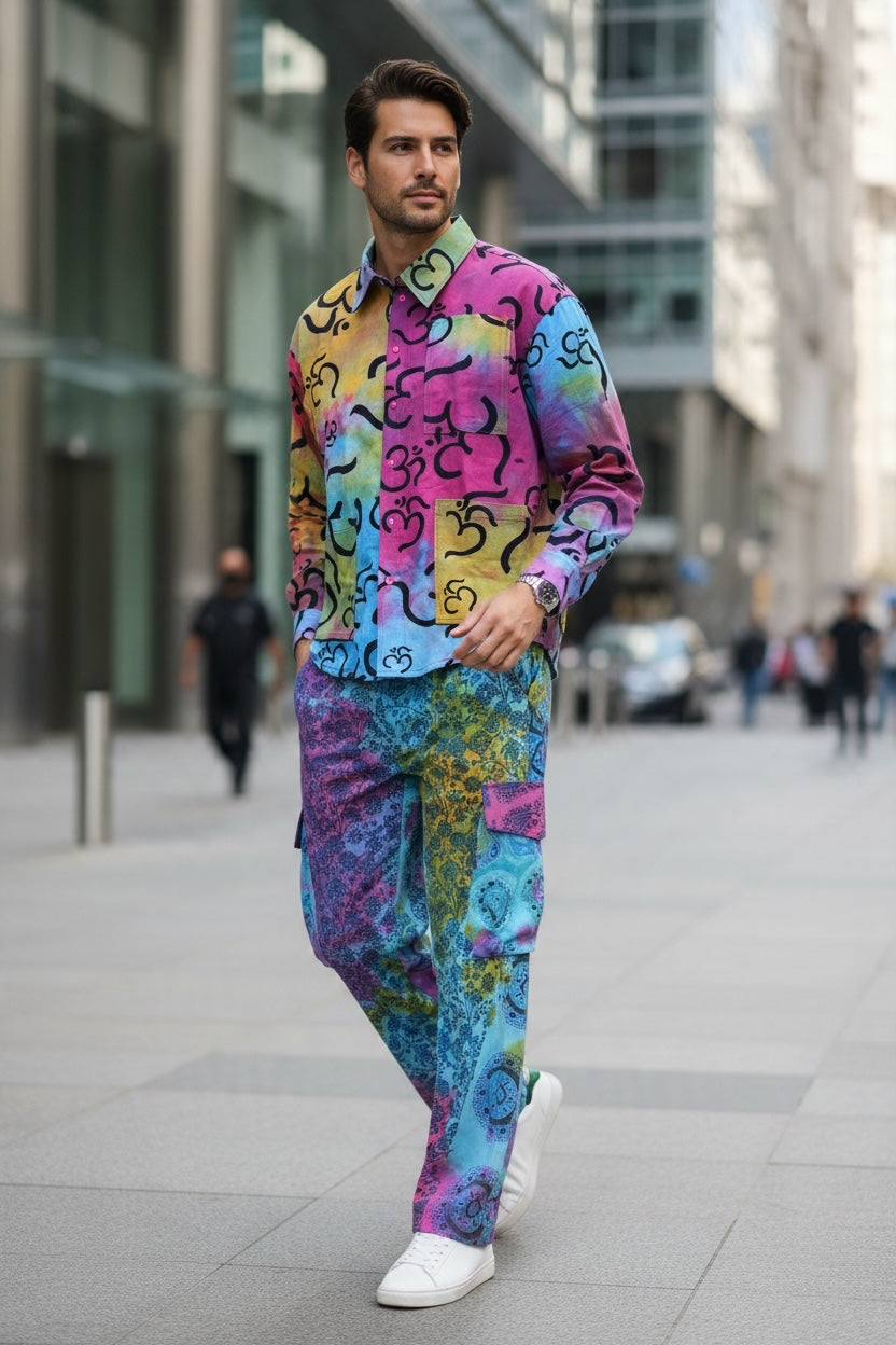 Men's Linen-Cotton Two-Piece Set - Multicolor Print