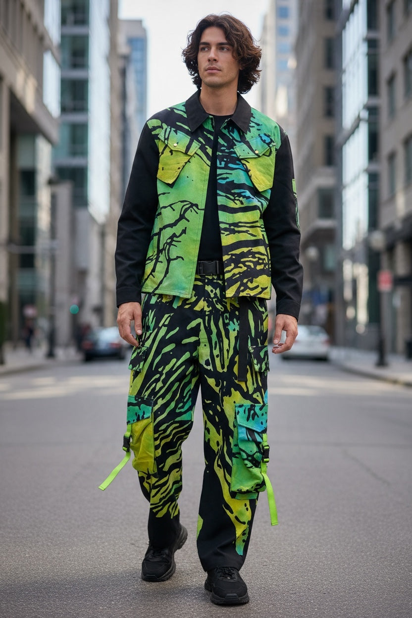 Men's Linen-Cotton Two-Piece Set - Black & Lime