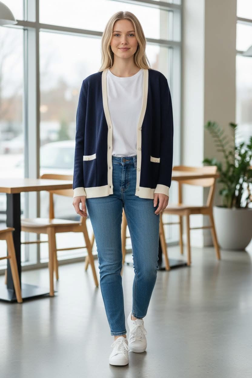 Navy cashmere cardigan with ivory trim and patch pockets