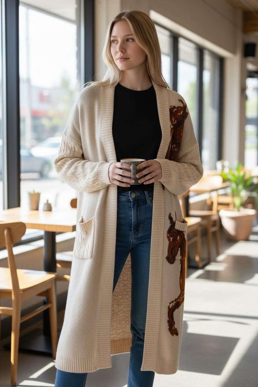 Cream cashmere long coat cardigan with brown horse motifs