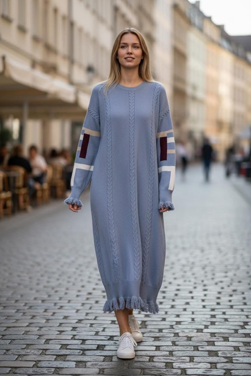 Dusty Blue cashmere maxi dress with cable knit and fringe trim