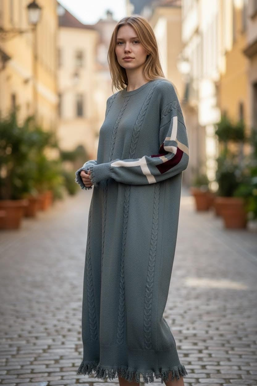 Slate Green cashmere maxi dress with cable knit and fringe trim