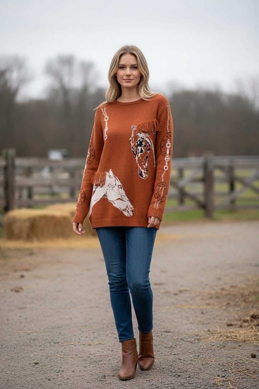 Rust cashmere sweater with horse motifs and fringe details