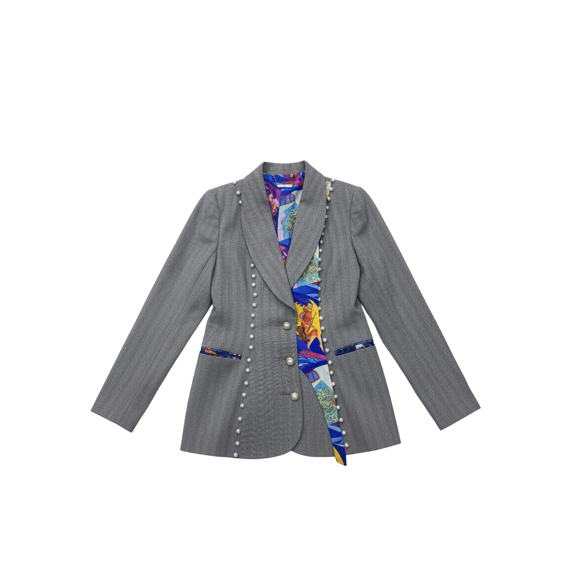 Gray blazer with colorful patch on a white background