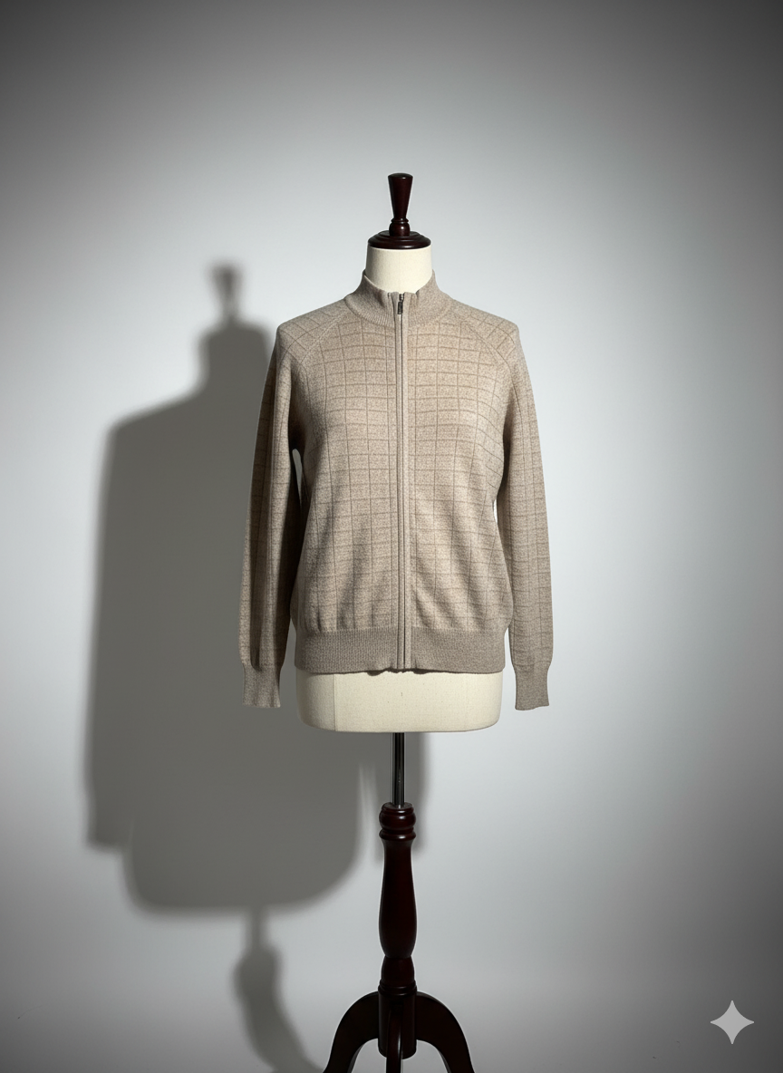 THE CHECK-PATTERN CASHMERE ZIP SWEATER