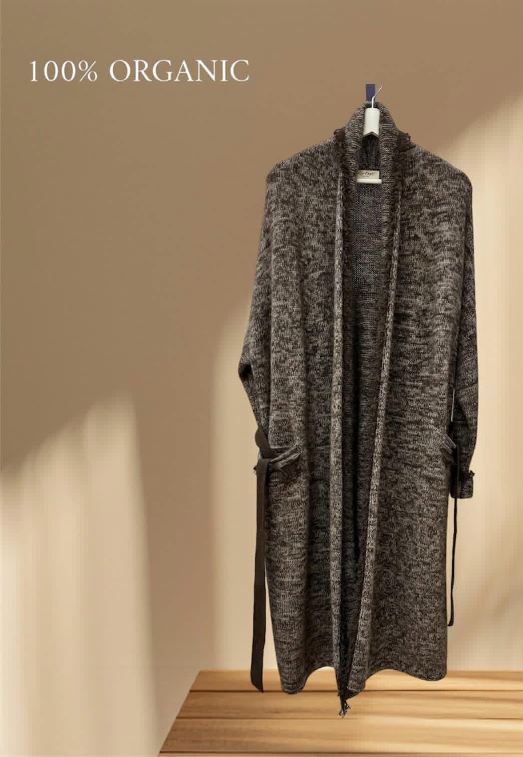Long charcoal marled yak down cardigan with open front and patch pockets