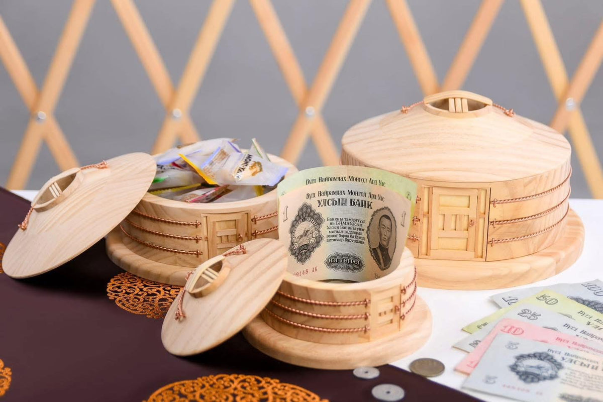 Wooden storage box shaped like a Mongolian ger; sold individually