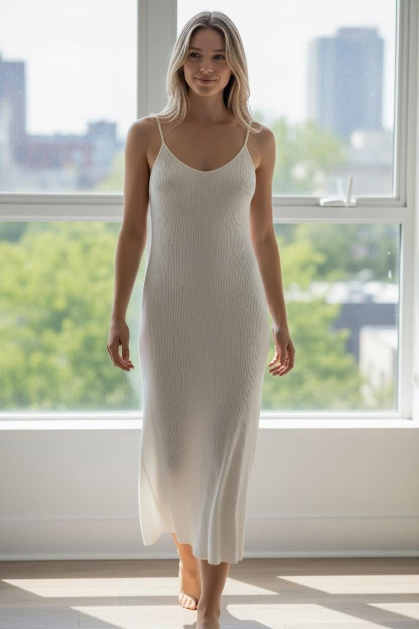 Ivory ribbed cashmere dress with slim shoulder straps