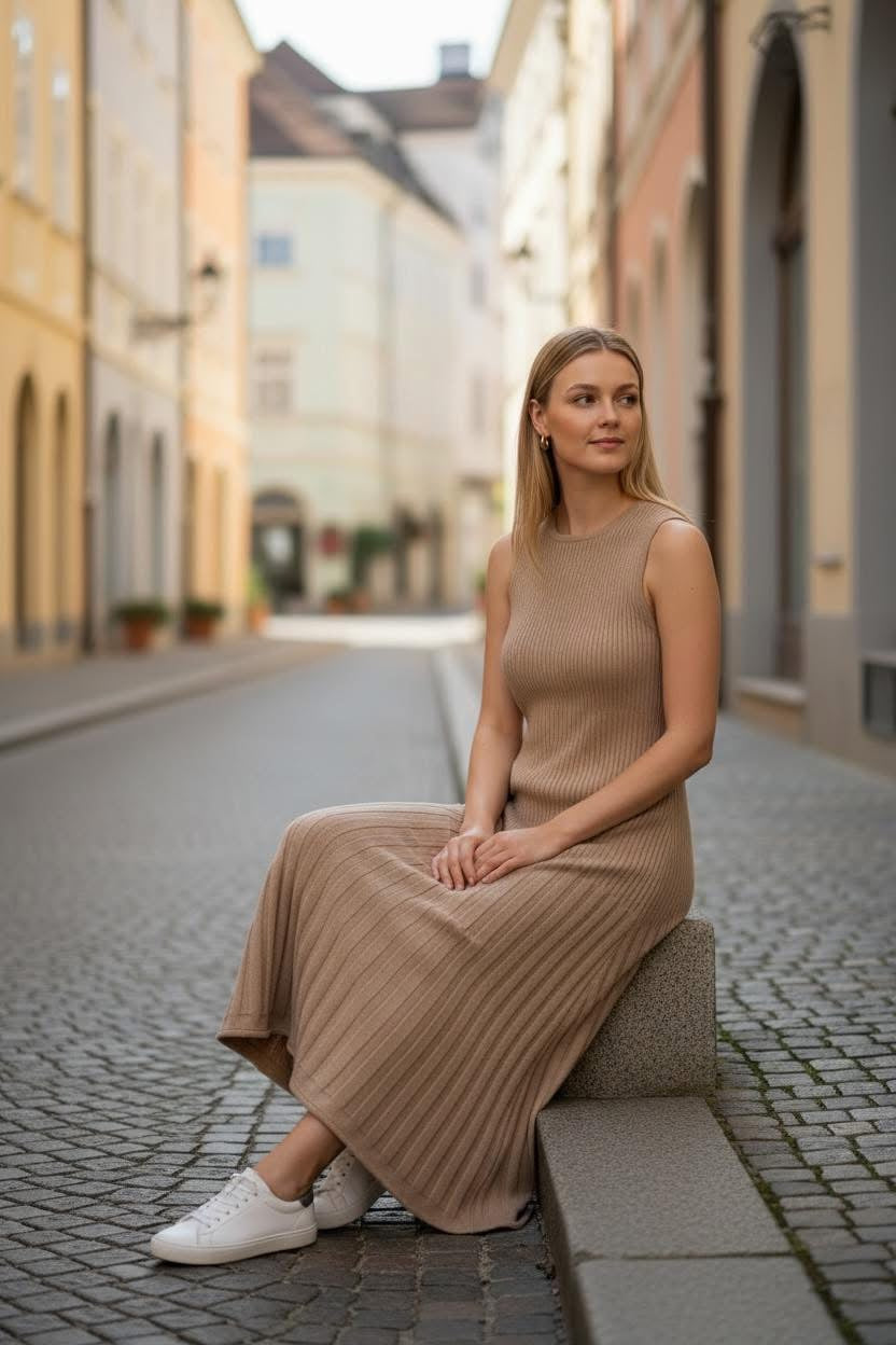 Camel sleeveless ribbed cashmere maxi dress