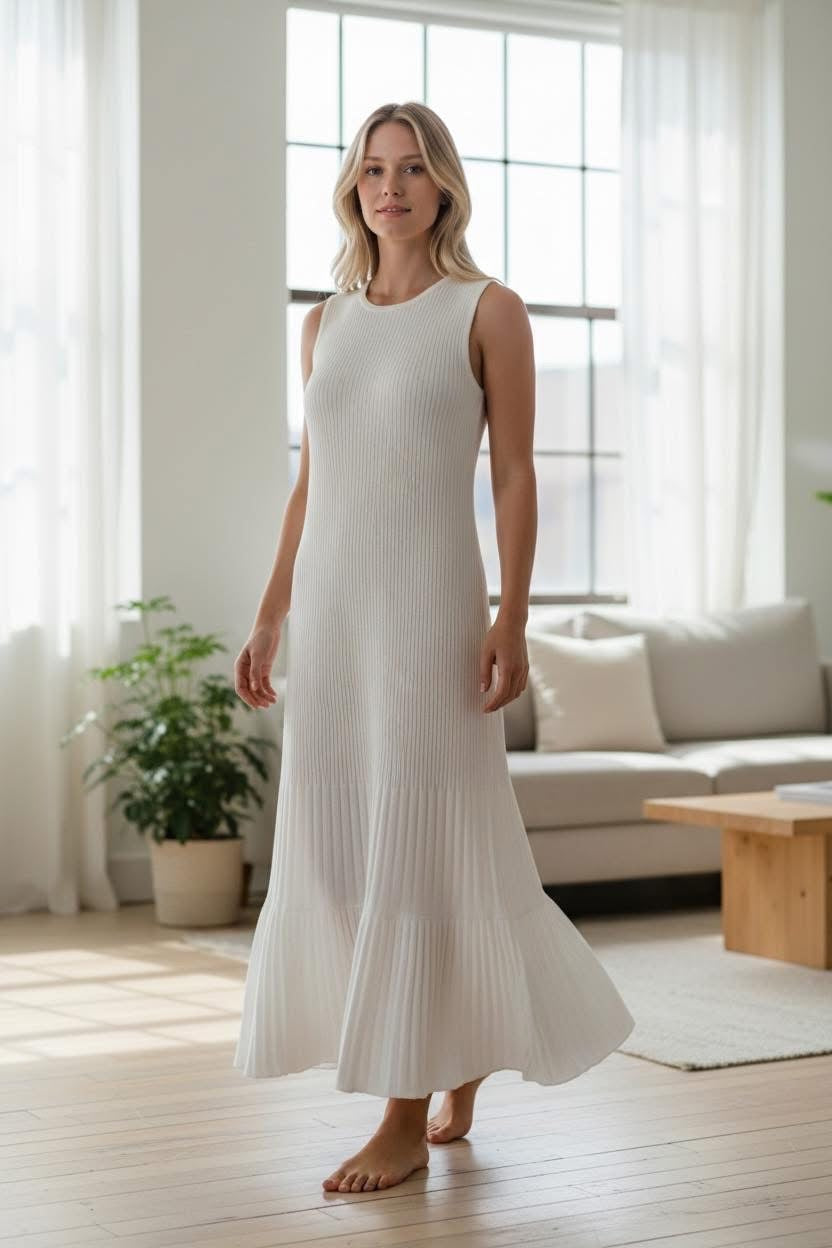 Ivory sleeveless ribbed cashmere maxi dress