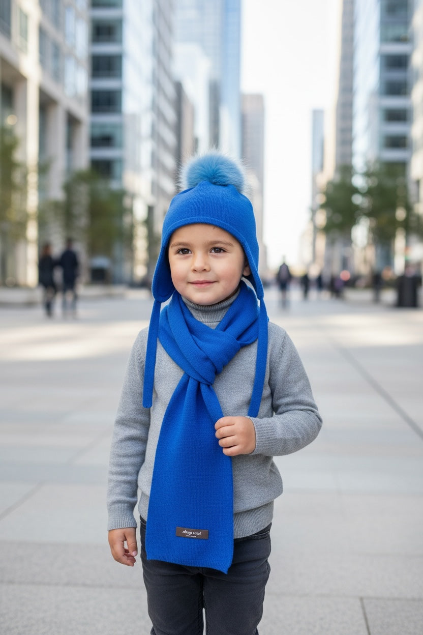 Children's Wool Earflap Hat and Scarf Set in Royal Blue
