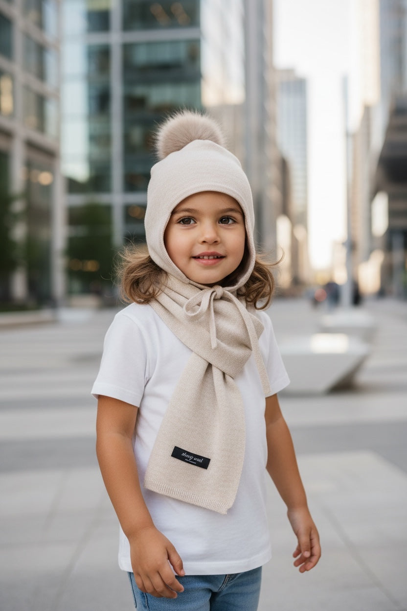 Children's Wool Earflap Hat and Scarf Set in Beige