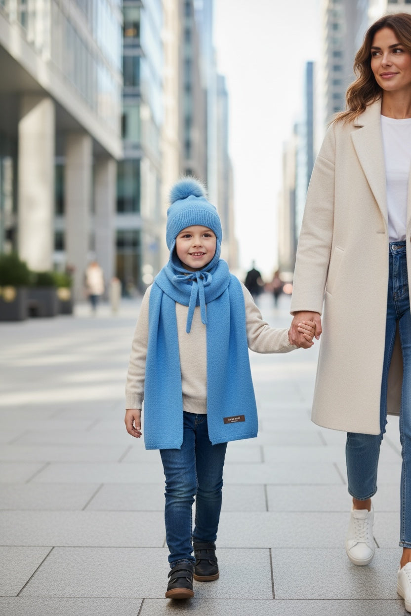 Children's Wool Earflap Hat and Scarf Set in Sky Blue