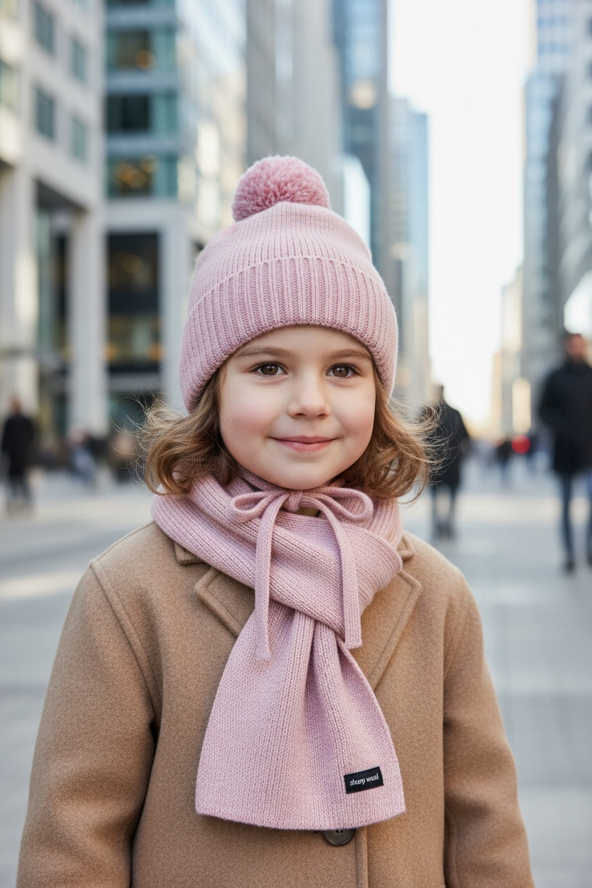 Children's Wool Earflap Hat and Scarf Set in Pink