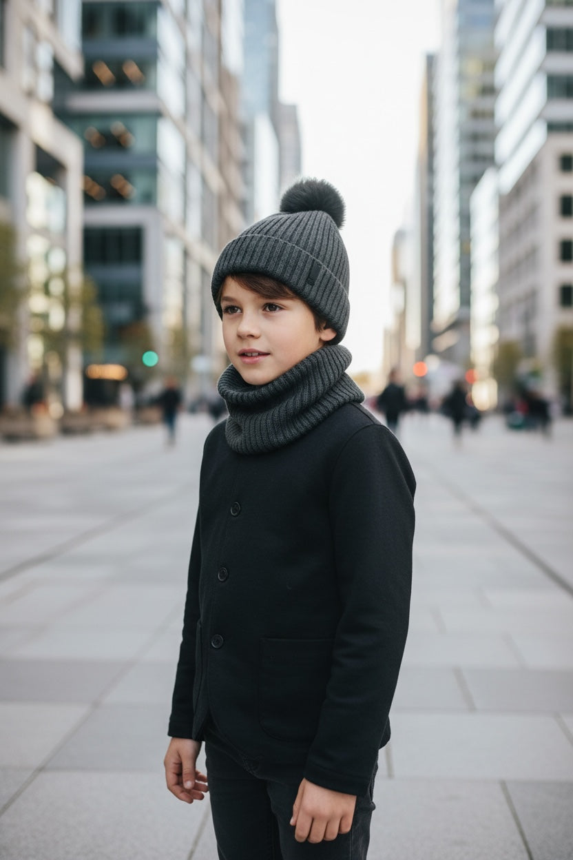 Children's Ribbed Wool Hat and Neck Warmer Set in Charcoal