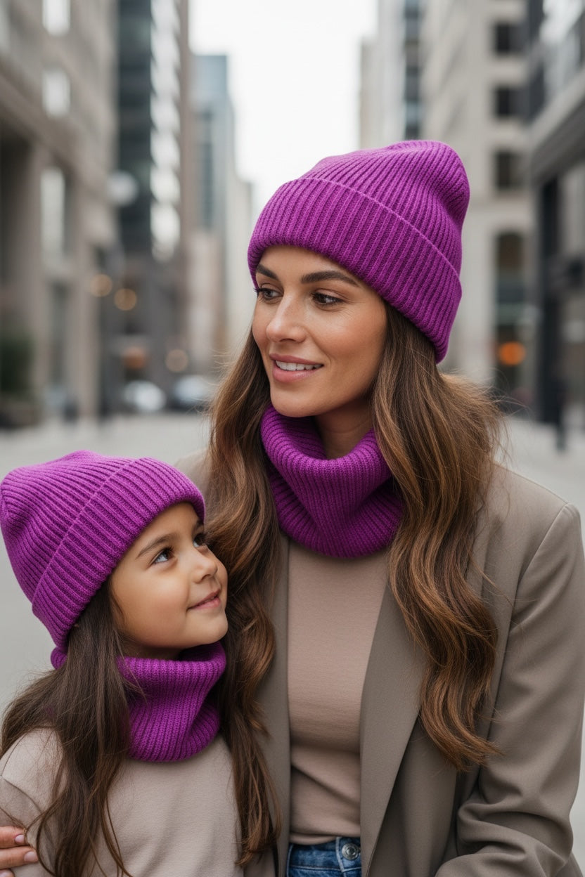Adult Ribbed Wool Hat and Neck Warmer Set in Purple