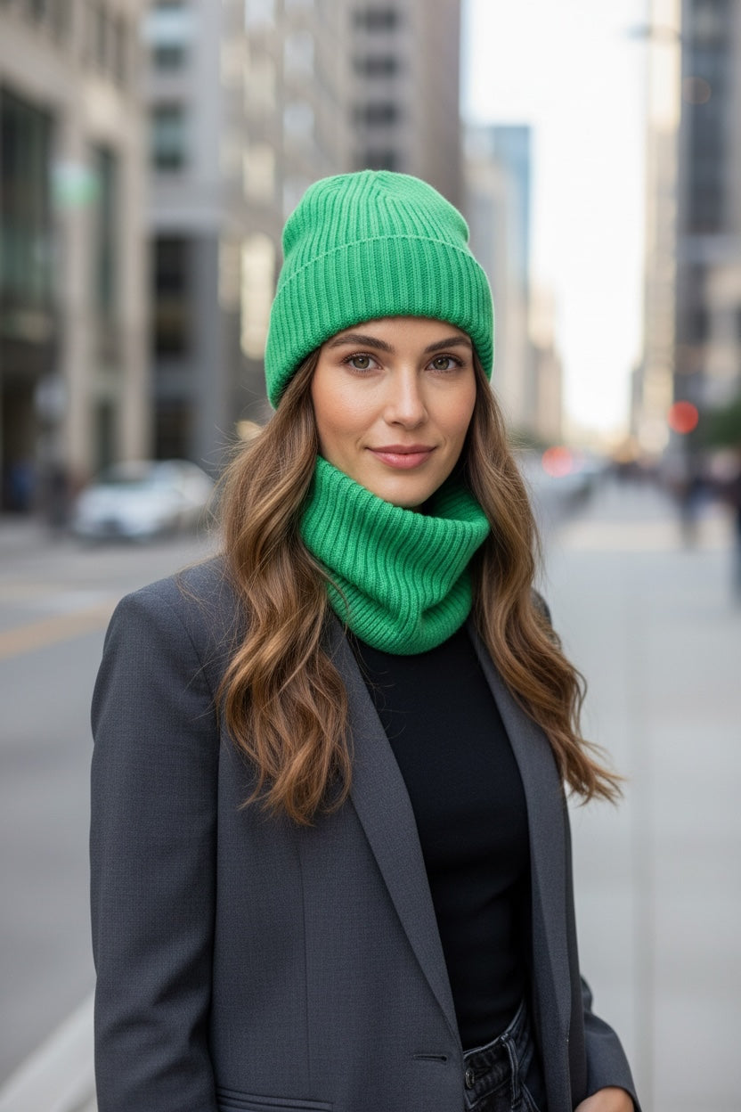 Adult Ribbed Wool Hat and Neck Warmer Set in Green