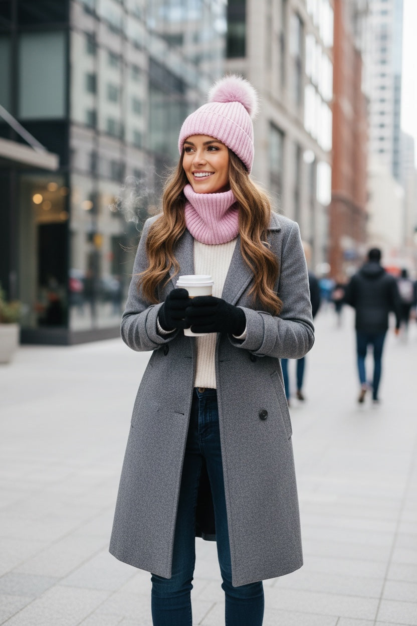 Adult Ribbed Wool Hat and Neck Warmer Set in Pink